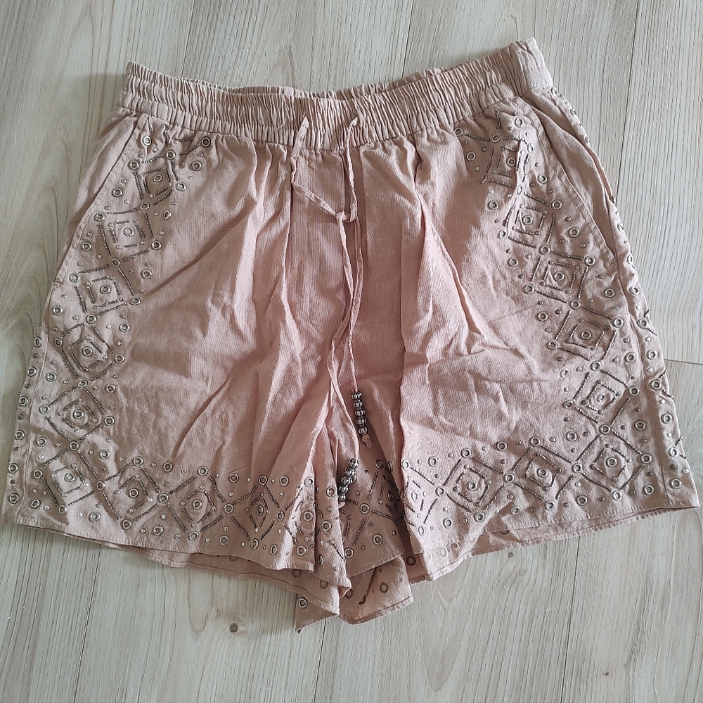 Zara. Embroidered Drawstring Women’s Shorts in Dusty Pink